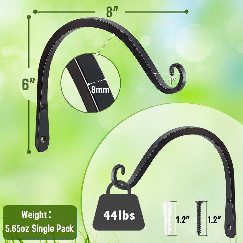 FEED GARDEN 2 Pack 8 Inch Hanging Plant Bracket Wall Hooks Decorative Plant Hangers for Outdoor Hanging Bird Feeders, Wind Chimes, Plant Baskets, Black - Image 2
